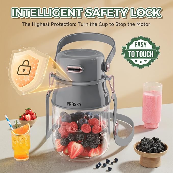 Portable Blender, 27oz Personal Blender for Smoothies & Protein Shakes with 70W Motor & Smart Lock, USB-C Rechargeable, BPA-Free for Travel/Office/Home/Gym Drink Mixer with Strap, Prasky (Light Gray)