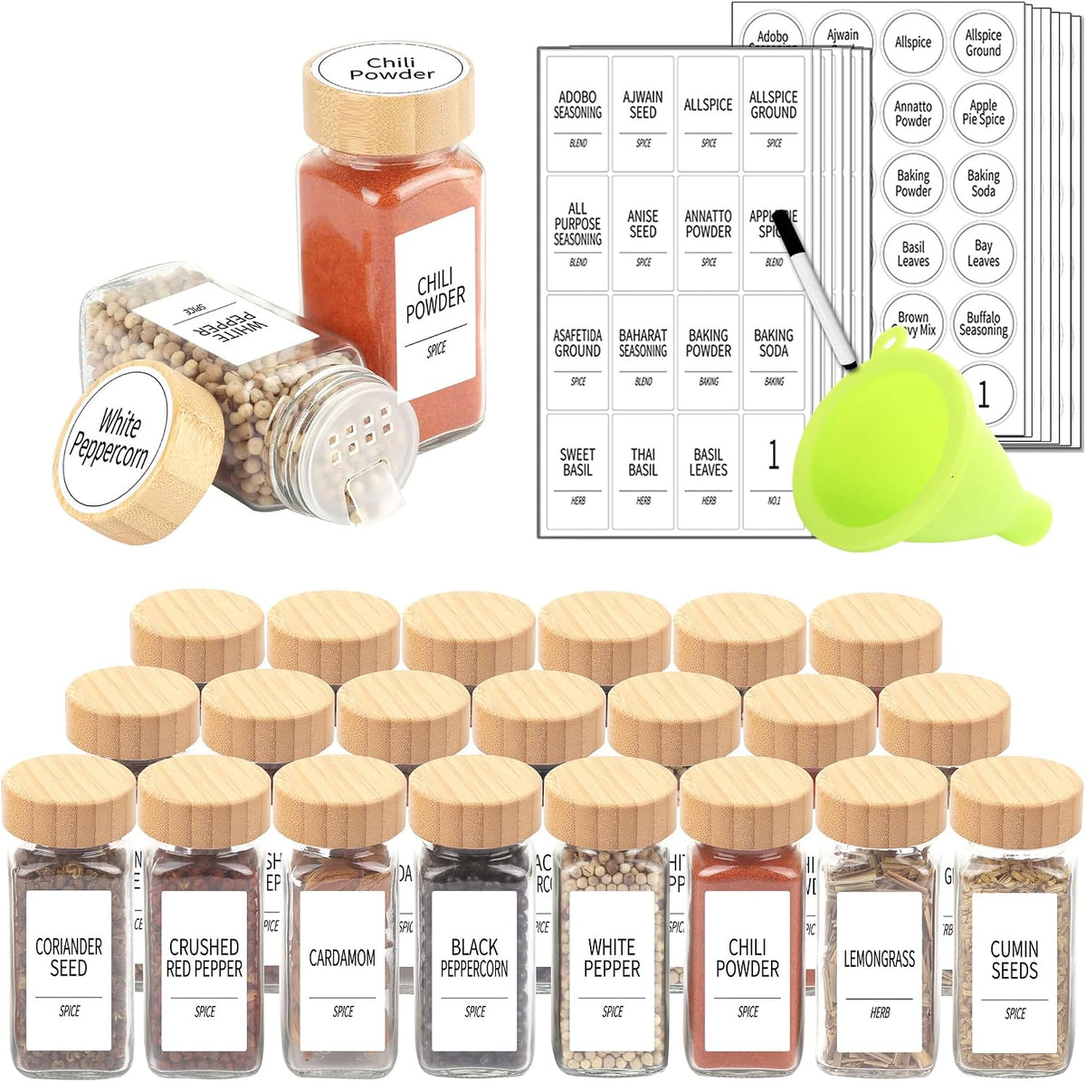 24 Pcs Spice Jars with Labels, 4 oz Glass Jars with Bamboo Lids