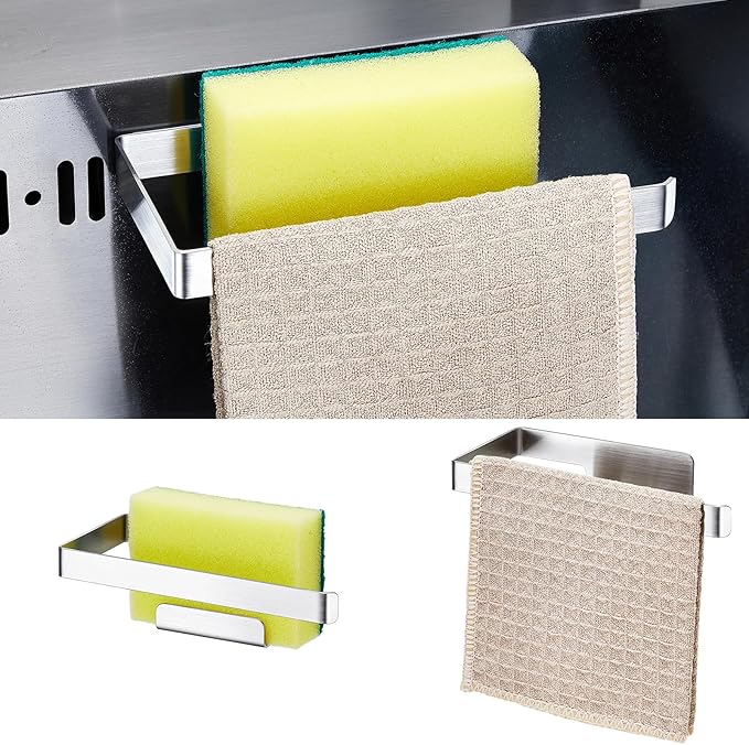 Sponge Holder for Kitchen Sink, Adhesive Dishcloth Holder, Dish Sponge Kitchen Sink Caddy 2 In 1, Metal Dishcloth Racks Sink for Dishcloths, Sponges, Brushes and Glove (Sliver)