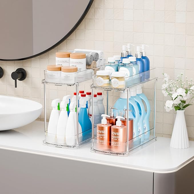 Yieach 3 Pack 13.8″ Deep 2 Tier Under Sink Storage Organizer,Large Pull Out Bathroom Organizers and Storage,Slide Out Acrylic Undersink Storage Shelf,Kitchen Under Sink Organizer for Cleaning Products