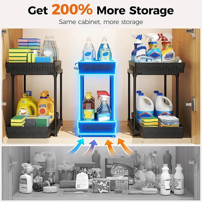 Sevenblue 3 Pack Under Sink Organizer, 2 Tier Slide Out Bathroom Cabinet Organizer, Multi-Purpose Storage Shelf for Kitchen, Black, 14.8Inch