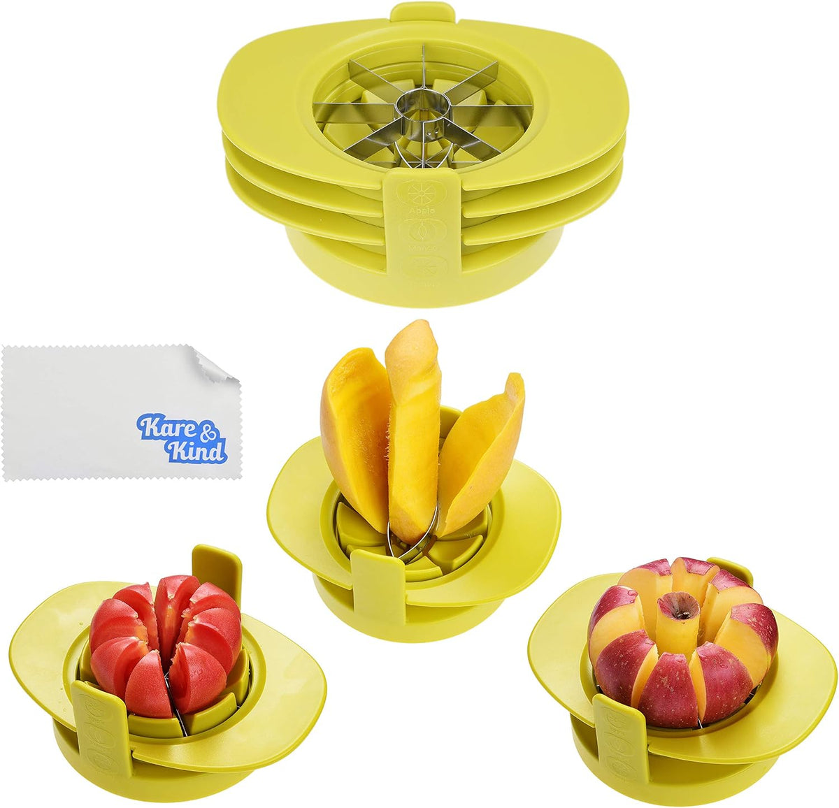 Apple/Tomato/Mango Cutters - Set of 3 - Sturdy Base keeps Fruit/Vegetable in Place - Also keeps Cutters Organized - Razor Sharp Stainless Steel Saw Blades - Quick - Easy