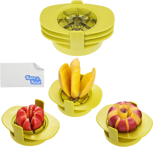 Apple/Tomato/Mango Cutters - Set of 3 - Sturdy Base keeps Fruit/Vegetable in Place - Also keeps Cutters Organized - Razor Sharp Stainless Steel Saw Blades - Quick - Easy