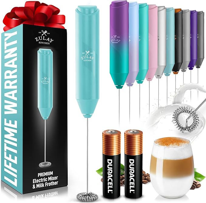 Zulay Kitchen Powerful Milk Frother AA Batteries Included – Ultra Fast Handheld Drink Mixer with Stainless Steel Whisk Stirrer for Coffee, Protein, Matcha & More, Frother Wand Electric Frothmate Teal