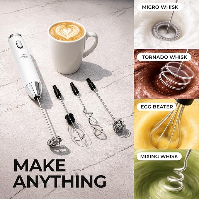 Zulay Kitchen Rechargeable Milk Frother Handheld - Frother Wand, Drink Mixer, Electric Whisk Frother, for Cappuccinos, Matcha & Protein Powder - Ultra Metal 3 Whisk, 1800mAh White