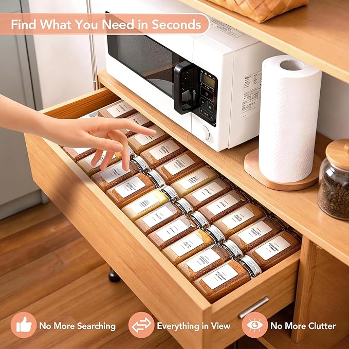 Adjustable 3-Tier Drawer Spice Organizer – Thick Plastic, Non-Slip, Fits 11"-22" Kitchen Drawers, Includes Labels & Funnel (No Jars)