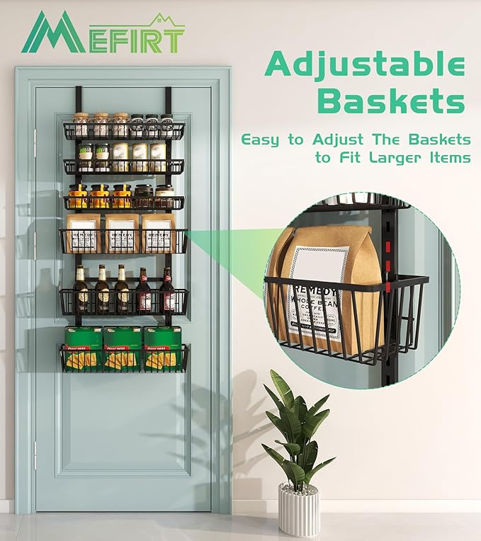 Mefirt Over The Door Pantry Organizer, Pantry Organization and Storage, 6-Tier Deep Baskets Hanging Heavy-Duty Metal, Wall Spice Rack Seasoning Shelves for Home & Kitchen, Laundry Room Bathroom, Black