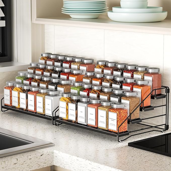 BOIVSHI 4 Tier Spice Rack Organzier, Spice Rack for Cabinet, Adjustable Depth Seasoning Shelf for Countertop, Pantry, Seasoning Organizer, Metal, Black (2 Pack)