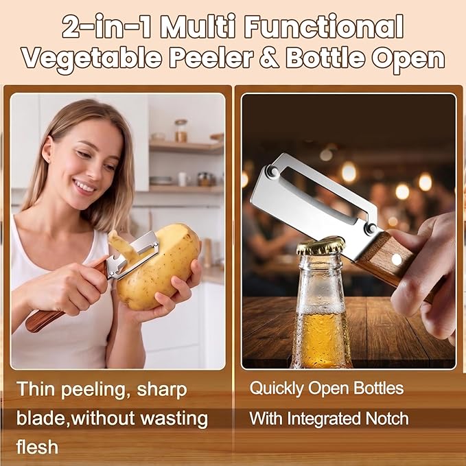 2-in-1 Multifunctional Vegetable Peeler & Bottle Opener with Wooden Handle for Kitchen – Stainless Steel Hand Held Peeler for Fruit Pumpkin Papaya Potato Peeler – Kitchen Cooking Tool 1 Pcs