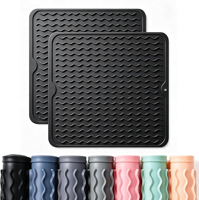 CAKETIME 2 Pack Silicone Dish Drying Mat for Kitchen Counter Under Sink Protector Organizers Cooking Baking Espresso Machine Accessories Coffee Mats Appliance Stone Rack Trays Drain 12"x12" Black