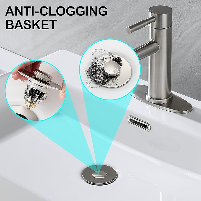Universal Bathroom Sink Stopper - Bounce Wash Basin Drain Filter, Brushed Nickel Pop Up Drain Stopper, Bullet Core Push Type Sink Stopper, Sink Drain Plug with Anti-Clogging Strainer, for 1.1-1.5 inch