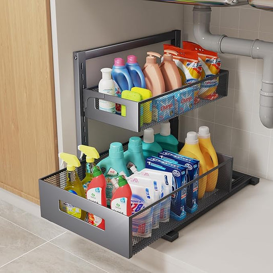 Under Sink Organizer Pull Out Cabinet Organizer Adjustable Height 2 Tier