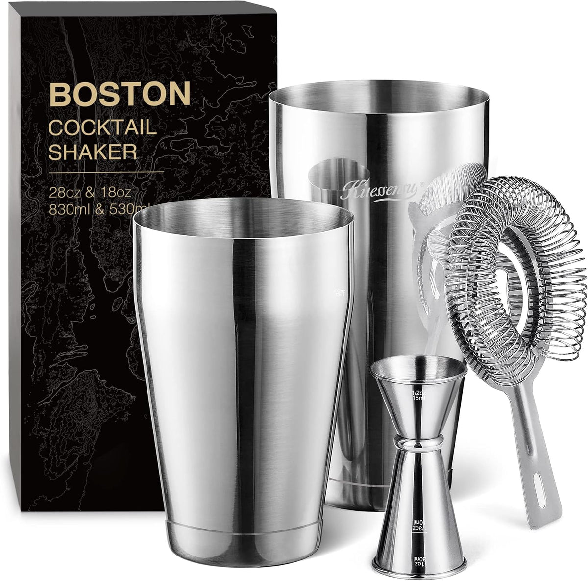 Boston Cocktail Shaker Set, 4-Piece Boston Shaker Tins Bartender Kit with 18oz & 28oz Mixed Drink Shaker, Hawthorne Strainer, Double Measuring Jigger, Cocktail Recipe Cards Included