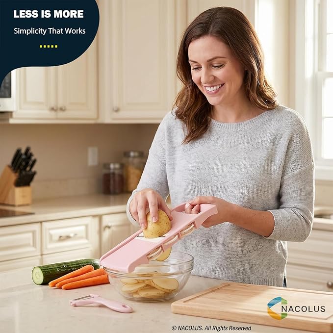 NACOLUS Mandoline Slicer for Kitchen Slicer Vegetable Cutter 5 In 1 Veggie Slicer Potato Slicer waffle fry cutter Hot Swap Mandolin with Peeler for Vegetables Carrot Shredder Cucumber Slicer - Pink