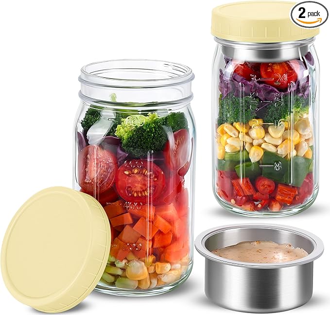 KTKUDY 2 Pack 32 oz Glass Salad Jars with Dressing Cups (Pod) - Meal Prep Salad Container for Lunch - Leakproof Mason Jars with Lids