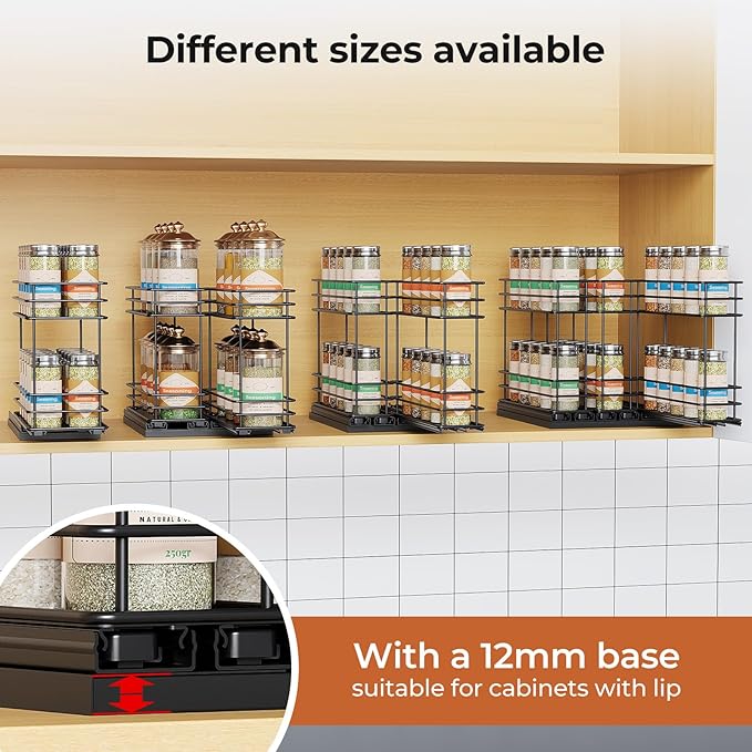 Mystozer Pull Out Spice Rack Organizer for Cabinet, Slide Out Spice Racks, Easy to Install, 7.08" Wx10.43 Dx8.26 H, 2 Drawers 2 Tiers(Silver)