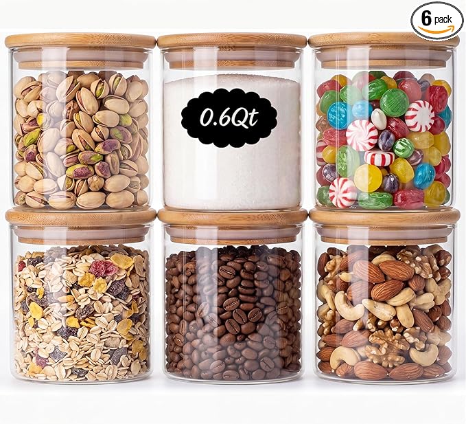 6-Pack 0.6Qt Small Round Glass Storage Jars with Bamboo Lids, Pantry Storage Containers for Neat Organization, Ideal for Minimalist Kitchen Organizer, Nut, Coffee Beans, Cookie, Candy, Tea