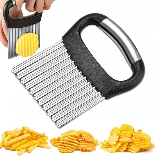 FANTEXY Crinkle Cutter for Veggies, Stainless Steel French Fry Cutter for Potatoes Cucumbers Carrot, Wavy Chopper Waffle Fry Cutter, Black