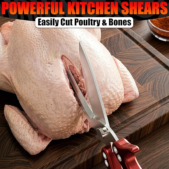 Heavy Duty Poultry Shears – Kitchen Shears Dishwasher Safe, Spring-Loaded, 3Cr14 Steel, Micro-Serrated, Separates for Easy Cleaning | Bone Scissors for Chicken, Turkey, Seafood & Fish Scale (Red)