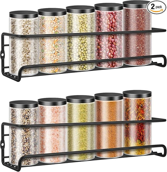 Wall Mounted Spice Rack, Hanging Spice Organizers, Kitchen Condiments Storage for Space Saving (2pcs, Black)