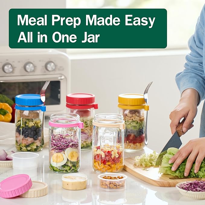 Danmu 32 oz Salad Jars with 2 Dressing Cups & Forks - Glass Mason Jar Meal Prep Containers,Wide Mouth,Leak Proof,Dishwasher Safe - Dry Wet Food Separation for Fresh Salad,Leftovers 4 Pack