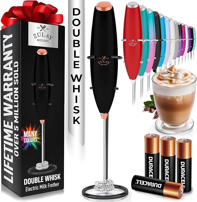 Zulay Kitchen Powerful Milk Frother Wand With Duracell Batteries - Ultra Fast Handheld Drink Mixer - Electric Whisk Foam Maker for Coffee, Lattes, Cappuccino & Matcha - Double Whisk - Black Copper
