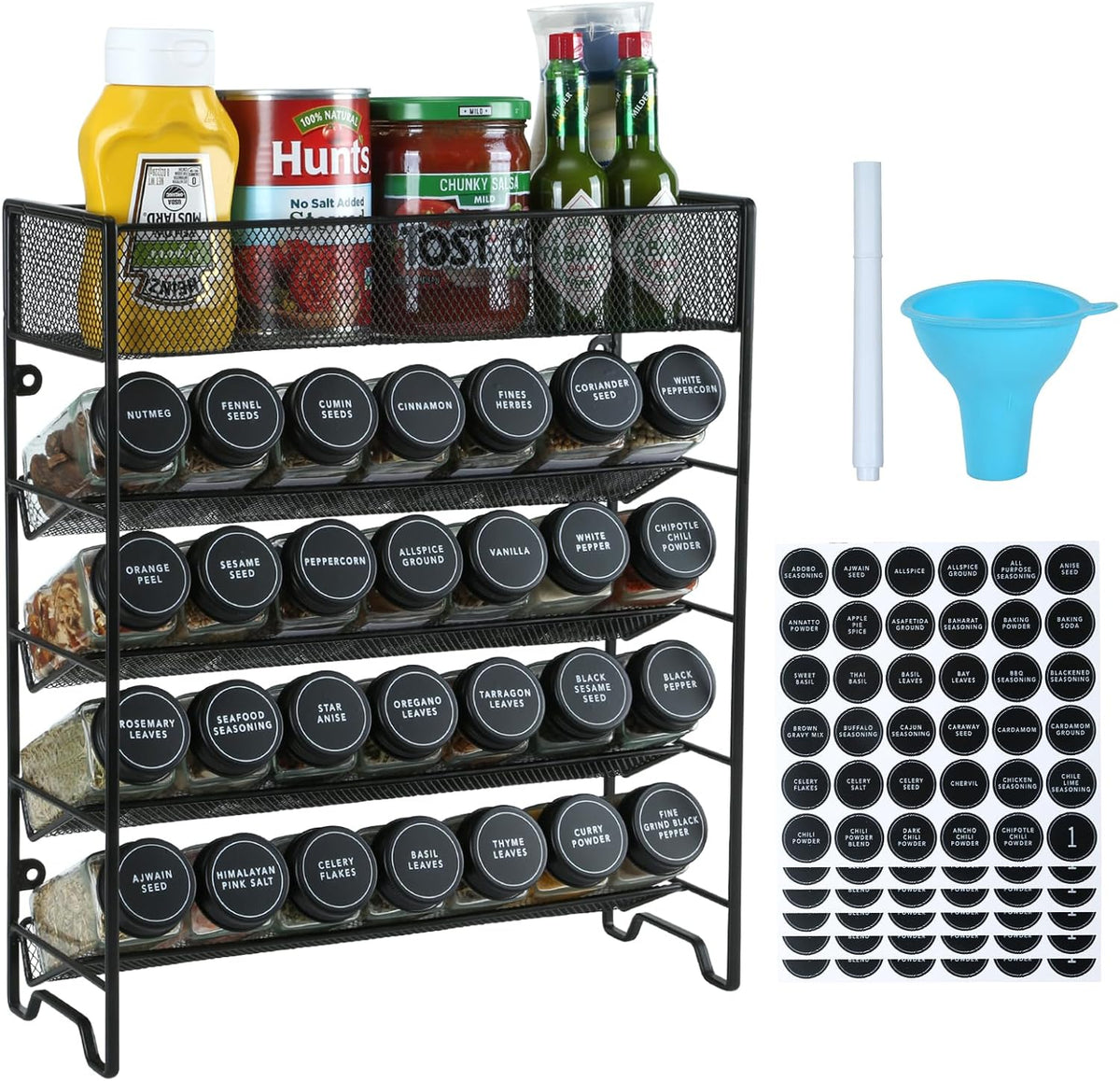 Spice Rack Organizer with 28 Spice Jars, Black Lids, Spice Labels