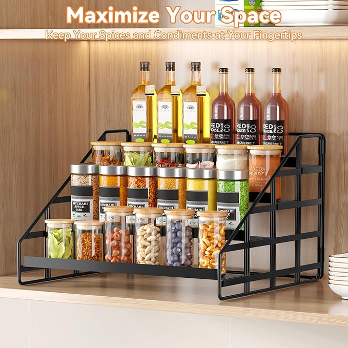 Bunoxea Spice Rack Kitchen Cabinet Organizer,4 Tier Countertop Spice Rack,Tier Depth Adjustable Cabinet Shelf,Step Spice Organization Easy Visibility,Holds Seasoning and Condiments