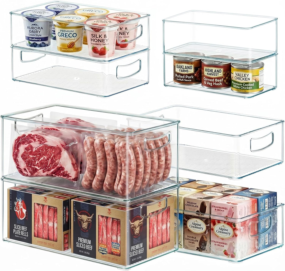 8 PACK Freezer Organizer Bins Fridge Organizers and Storage Stackable Refrigerator Organizers Bins with Side Handles Clear Storage Bins for Pantry, Under Sink, Kitchen Cabinet