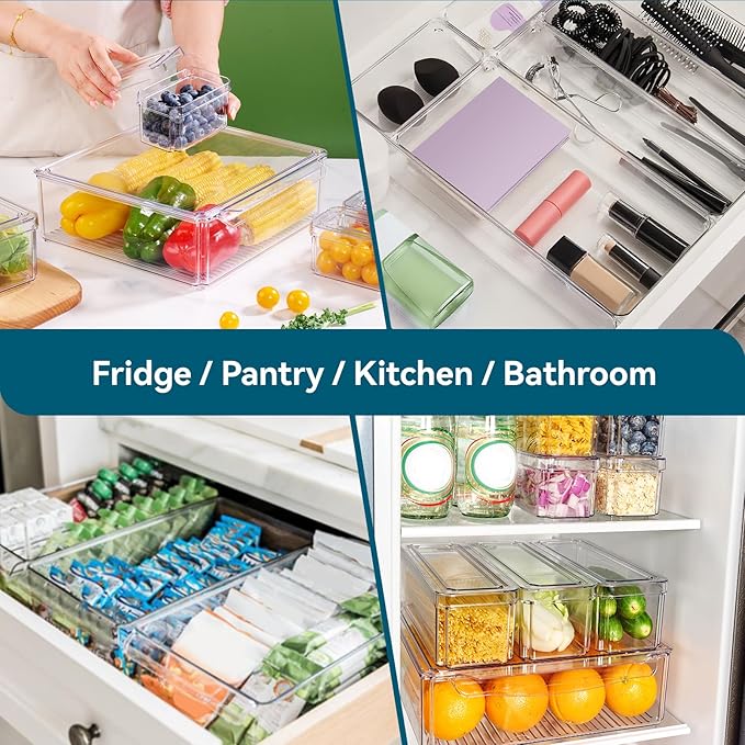 Luckore 10 Pack Clear Fridge Organizer, Stackable Refrigerator Organizer Bins with Lids, Fridge Storage Containers for Kitchen, Food, Cabinets, Fruits, Vegetables, Cereals