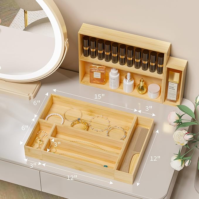Kitchen Drawer Organizer Bins, Stackable Bamboo Deep Drawer Organizer for Silverware, Utensils, Cutlery, Flatware, Junk Drawer, Dresser, Bathroom