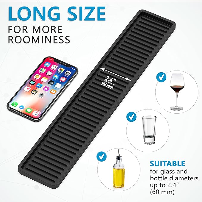 ZAPPOWARE Kitchen Sink Narrow Silicone Holder Tray 17.7"x3.1", Vanity & Bathroom Organizer, Black, Heat-Resistant Mat