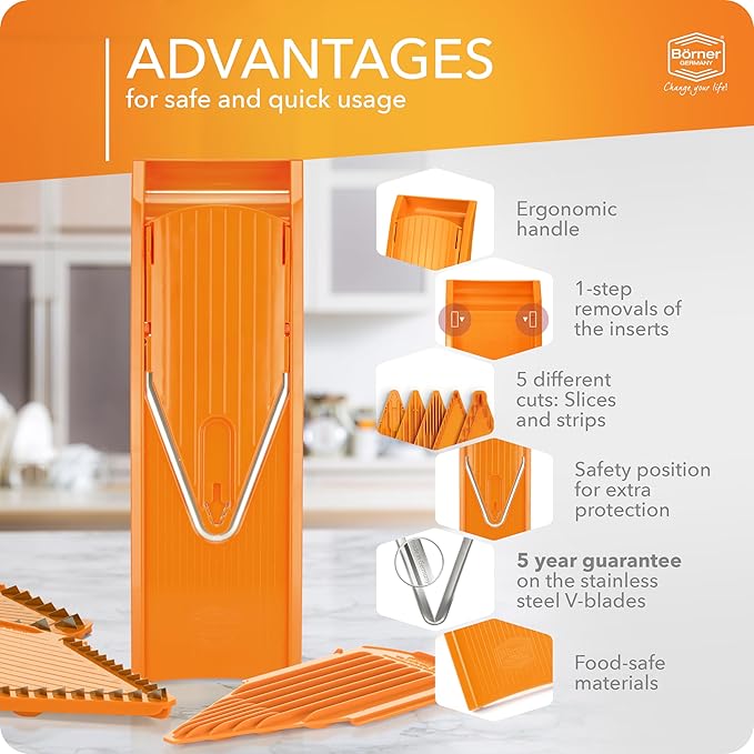 BORNER V Mandoline Slicer Kitchen V1 ClassicLine Starter Set | Vegetable Grater Börner - Quality Made in Germany, Color:Orange