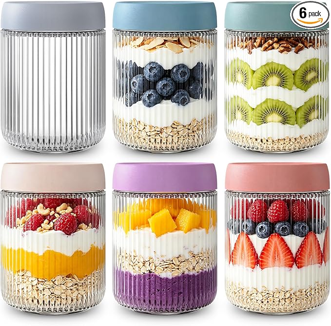 INSETLAN 16oz Glass Overnight Oats Containers with Lids – 6 Pack, Ribbed Glass Mason Jars for Meal Prep, Glass Food Storage Containers for Chia Pudding, Yogurt, Snacks, Fruit & Vegetables, Milk