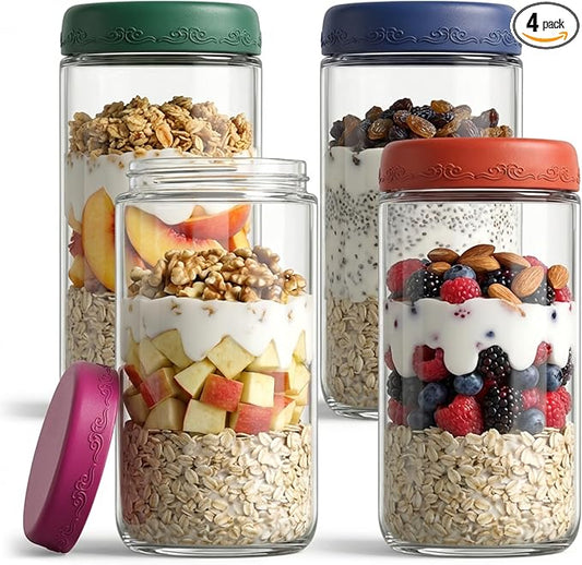 24 OZ Overnight Oats Jars with Lids 4 Pack, Glass Meal Prep Containers, Reusable Food Storage Jars, Airtight Mason Jars for Breakfast, Yogurt Parfait, Salad, Smoothies(4-1)