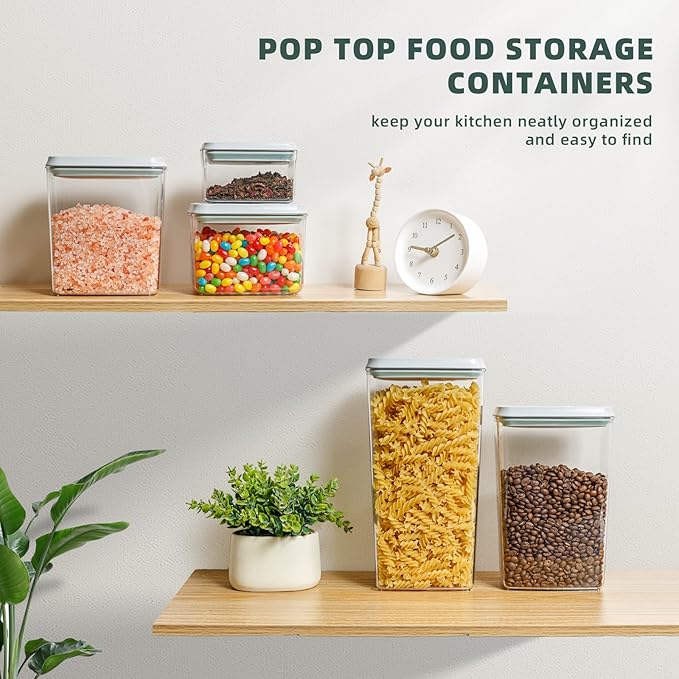 Airtight Food Storage Containers, 5 PCS Clear Pantry Organizers, BPA-Free Stackable Canisters with Measurement Marks & Pop-Top Lids for Cereal, Flour, Sugar, Rice, Pasta & Dry Food