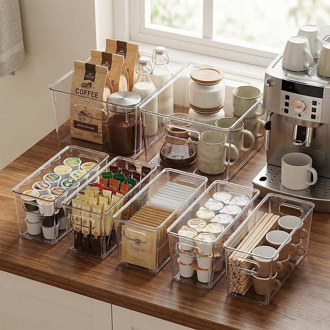 MOONEDGE Set of 12 Clear Plastic Storage Organizer Bins – 4 Large and 8 Small Nestable Space-Saving System for Under-Sink, Bathroom, Kitchen, Fridge & Cabinet Organization