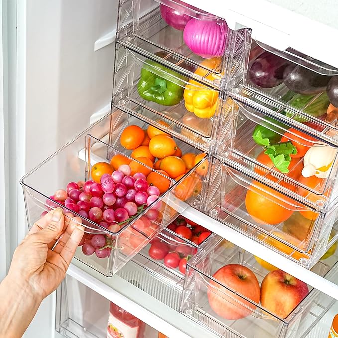 Clemate 4Pack Clear Stackable Kitchen Storage Organizer,Pantry Organizers and Storage,Foods Organizer Bins with Handles, Easily Assemble for Bathroom, Kitchen, Refrigerator, Pantry, Cabinet, Closet