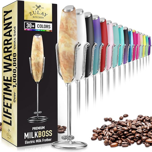 Zulay Kitchen Milk Frother Wand – High-Speed Handheld Frother with Upgraded Stand – Electric Foam Maker with Stainless Steel Whisk