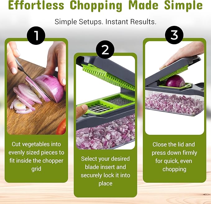 14-in-1 Vegetable Chopper and Onion Slicer, Mandolin Slicer with Container, Multi-Functional Food Dicer, Gray, Stainless Steel Blades