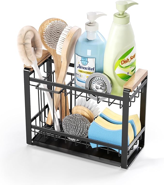 Sink Caddy Organizer with Wooden Handle, 2-Tier Rustproof Metal Sink Organizer Non-Slip Suction Cups, Multi-Functional Storage for Sponge, Soap Dispenser, Kitchen and Bathroom Countertop Accessories