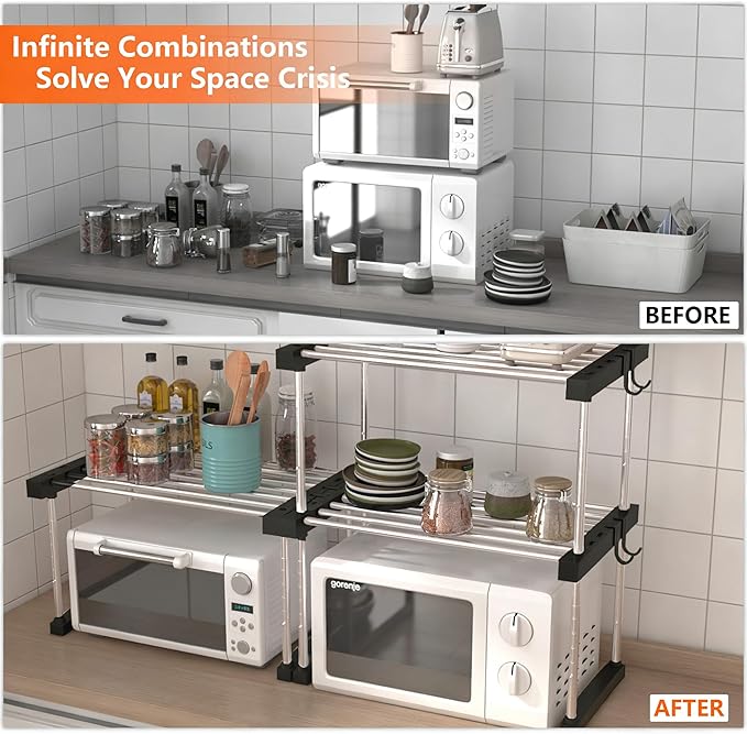 BLULEE Expandable Under Sink Organizer, No-Drill Adjustable Shelf for Heavy Laundry Supplies, Custom Fit Around Pipes Cabinet Rack for Bathroom Vanity and Kitchen Pantry