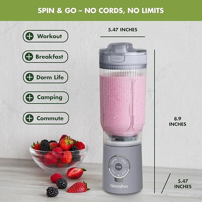 GreenPan Spin & Go Portable Blender, 24oz BPA-Free Cup, Self-Cleaning, Shakes Smoothies Juices, Crushed Ice & Frozen Fruits, Leakproof Lid, Fast Charge, Personal Handheld for Travel & Gym, Oxford Blue