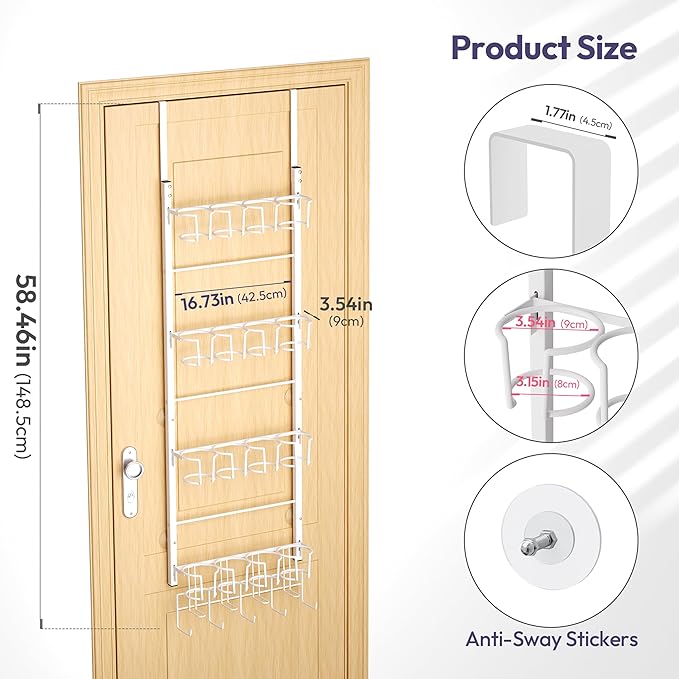 SWTYMIKI 4-Tier Water Bottle Organizer - Over the Door Stanley Cup Holder - Cup Rack with Hooks for Door or Wall Mount Option- Tumbler Organizer Storage Display for Kitchen Dorm Office RV, White