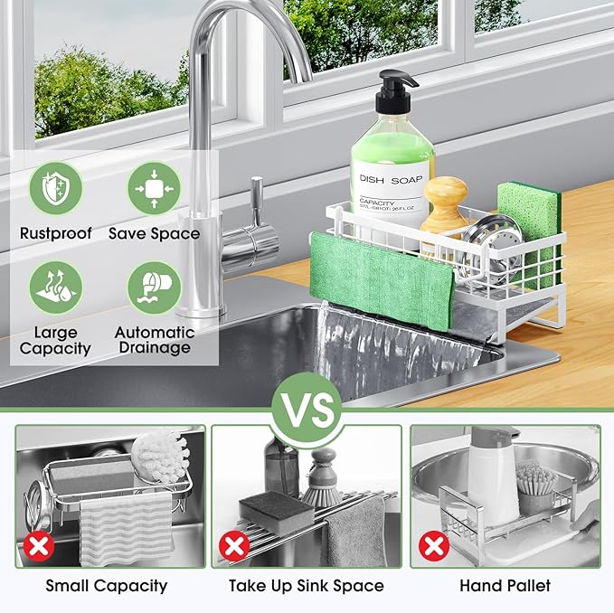 Self-Draining Kitchen Sink Caddy, Rustproof Non-Slip Sponge Holder with Detachable Dish Cloth Holder (White)
