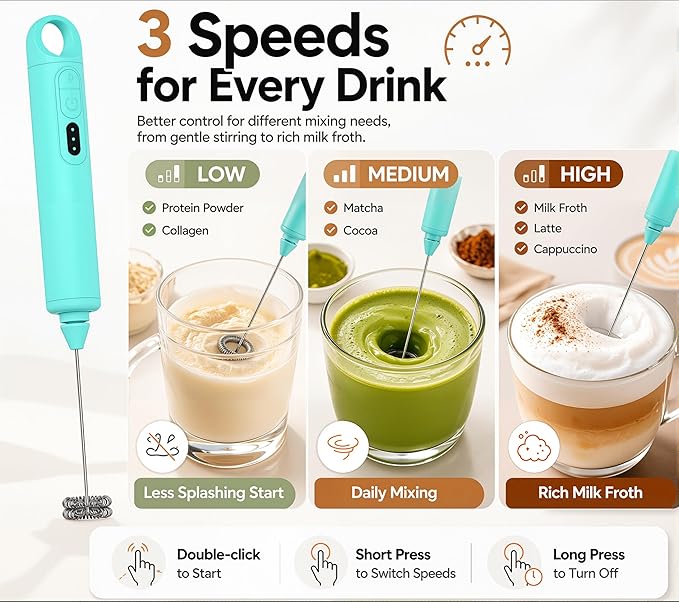Rechargeable Milk Frother Handheld 3 Speed Coffee Foamer [3 Whisk] Electric Drink Mixer for Latte, Cappuccino, Coffee, Eggs, Hot Chocolate, Mint