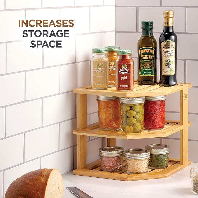 Bambüsi Plate Organizer for Cabinet - 3 Tier Bamboo Corner Shelf Cabinet Organizer for Plates Bowls Mugs Cups, Kitchen Organization, Space Saving Countertop Shelf, Small Spaces, 10 x 10 x 9.5 Inch