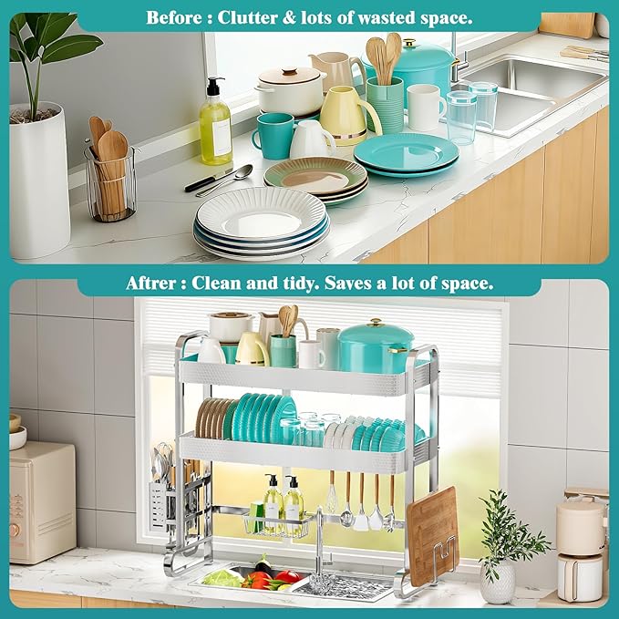 HOWDIA 3-Tier Over The Sink Dish Drying Rack, 304 Stainless Steel Dish Rack with Honeycomb Design, Cutlery Holder & Chopping Board Rack, 33.86” x 11.81” x 33.07” for Maximum Kitchen Storage
