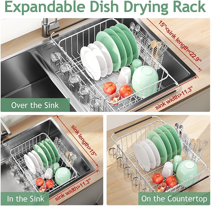 Fanbsy Dish Drying Rack in Sink, Extendable Stainless Steel Dish Drainers for Kitchen Counter, Anti-Rust Dish Dryer Rack with Utensil & Cup Holders, for Inside Sink, Over The Sink