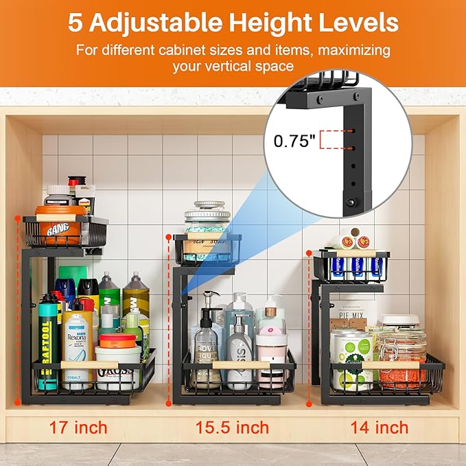 REALINN Under Sink Organizer, Height Adjustable 2 Tier Pull Out Cabinet Storage, L-Shaped Drawer Organizer for Kitchen Sink Organizer, Bathroom Organizers and Storage, Smooth Sliding Rails, Black
